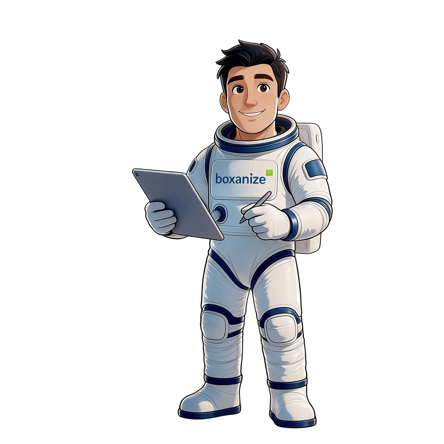 Der Boxanaut, ein lachender Astronaut im wei&szlig;en Raumanzug mit boxanize-Logo, steht und h&auml;lt ein Tablet und einen Stift.
