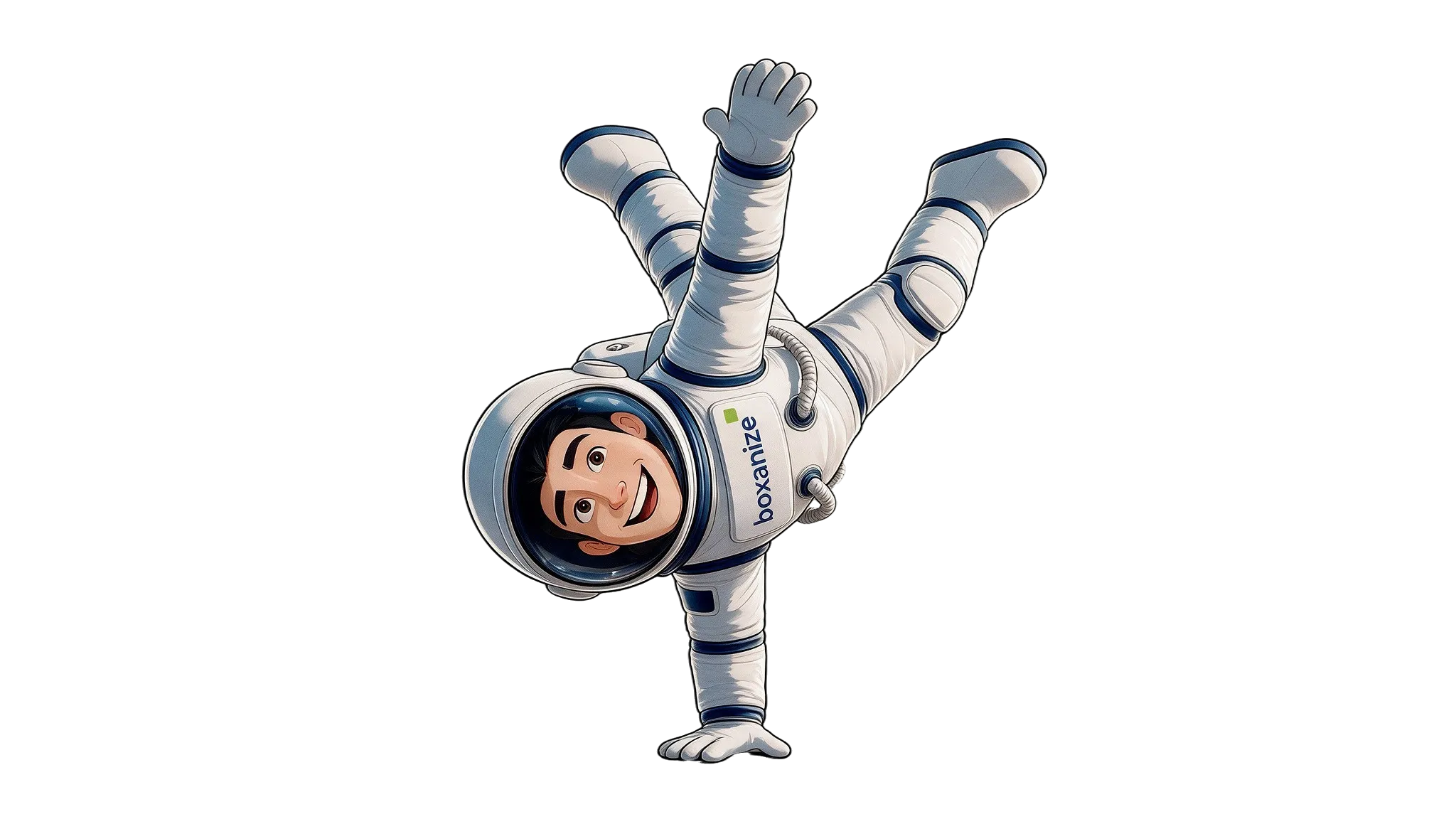 Der Boxanaut, ein lachender Astronaut im wei&szlig;en Raumanzug mit boxanize-Logo, macht einen Handstand auf einer Hand.
