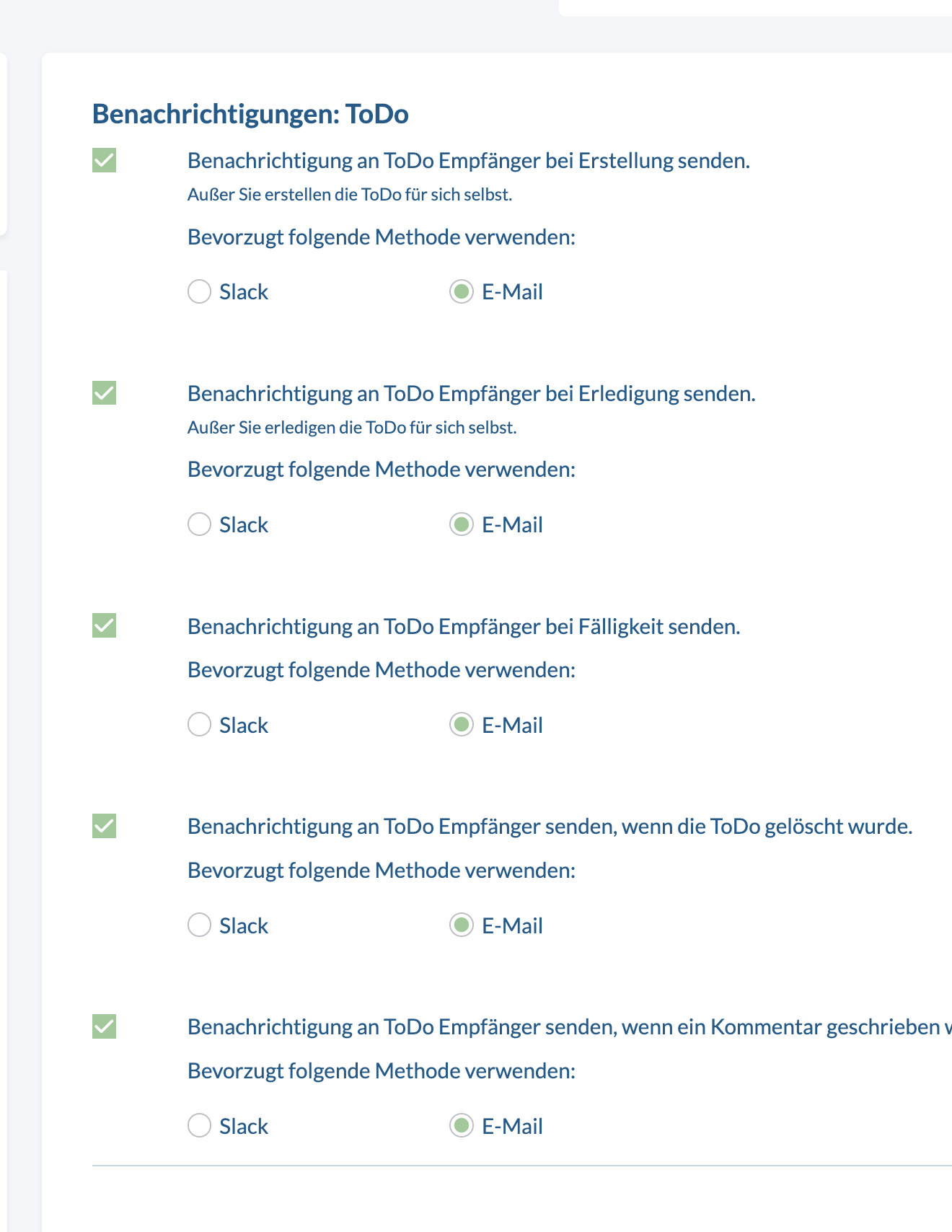 boxanize&deg; Einstellungen f&uuml;r ToDo-Benachrichtigungen mit Auswahl zwischen Slack und E-Mail